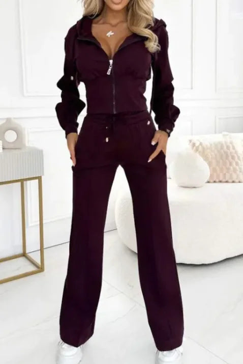 Hooded Zipper Jacket with Tight-Fitting Bottom Set